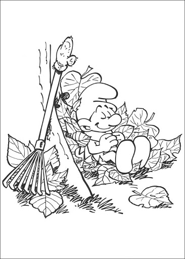 Kolorowanka smerf odpoczywający w liściach